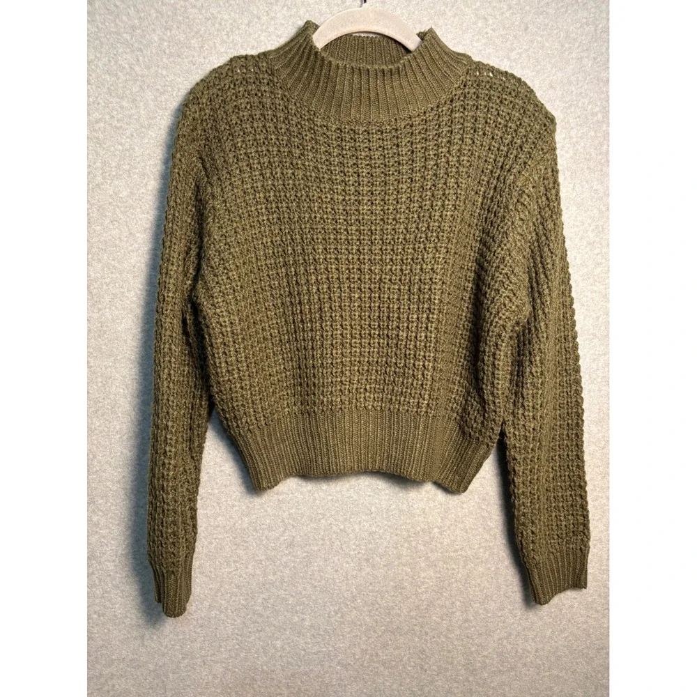 Poof Waffle Knit Sweater M Olive Mock Neck Chunky Cottagecore Cozy Pullover